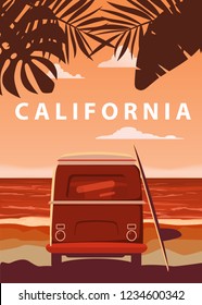 Surfer orange bus, van, camper with surfboard on the tropical beach. Poster California palm trees and blue ocean behind. Retro illustration of modern design, isolated, vector
