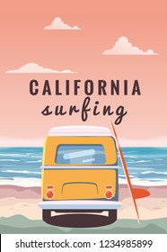 Surfer orange bus, van, camper with surfboard on the tropical beach. Poster California palm trees and blue ocean behind. Retro illustration of modern design, isolated, vector