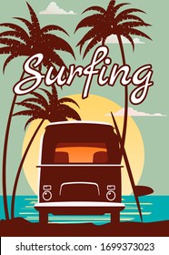 Surfer orange bus, van, camper with surfboard on the tropical beach. Poster Surfing palm trees and blue ocean behind. Retro illustration of modern design, isolated, vector