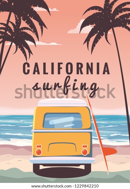 Surfer\
orange bus, van, camper with surfboard on the tropical beach.\
Poster California palm trees and blue ocean behind. Retro\
illustration of modern design, isolated,\
vector