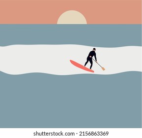 Surfer with paddle board catching the wave on sea. Stand up paddle boarding - Active recreation in nature. Flat vector illustration.