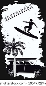 Surfer, palm, machine - on abstract grunge white-black background - art vector. Travel Poster.