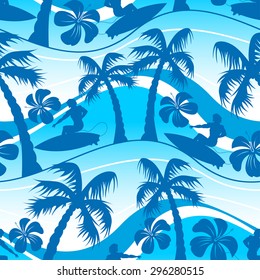 Surfer with palm tree seamless pattern .