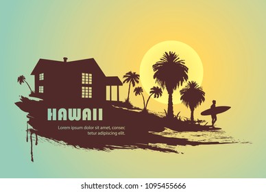 surfer with palm trees and spot for text