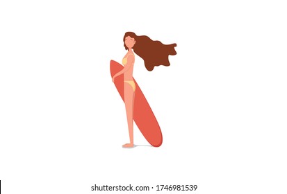 Surfer people holding surfboards, young women enjoying summer vacation on the ocean, vector Illustration on a white background.