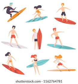 Surfer people riding surfboards set, young women amd men enjoying summer vacation on the sea or ocean vector Illustration on a white background