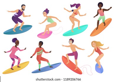 Surfer people riding surfboards set. Man and woman surfing on the sea or ocean vector Illustration.