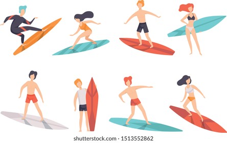 Surfer people riding surfboards set, young women amd men enjoying summer vacation on the sea or ocean vector Illustration on a white background