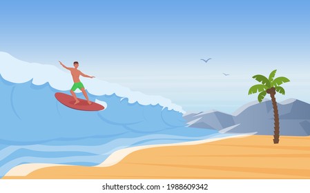 Surfer people surf, ride water wave on sea beach, summer adventure vector illustration. Cartoon happy young man character surfing on surfboard, extreme sport, summertime travel vacation background