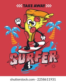 Surfer pizza character ride a surfboard surfing on wave isolated on white background illustration vector, Prints for clothes.