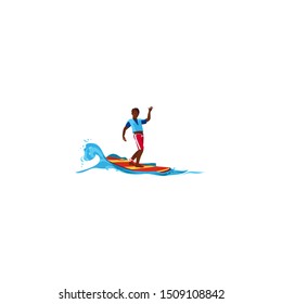 Surfer posing on the wave. Raster illustration in flat cartoon style