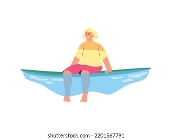 Surfer resting floating on a surfboard in the sea, flat cartoon vector illustration isolated on white background. Surfing sport or pastime activity character.