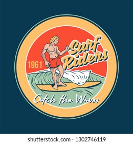 Surfer ride on the big wave in ocean California beach paradise place. Vintage graphic design holiday summer print for t shirt sticker patch poster party. Fashion trendy old school illustration.