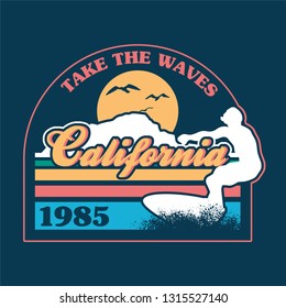 Surfer ride on the big wave in ocean California beach paradise place. Vintage graphic design holiday summer print for t shirt tee sticker patch poster party. Fashion trendy old school illustration.