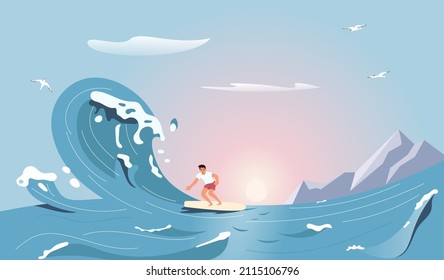 Surfista recorre la ola de arrollamiento barriada aislada en el fondo marino. Ilustración de vectores de arte plano