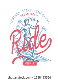 Surfer rides a big wave and lettering. Seek the adventures - ride on the ocean waves. T-shirt design.