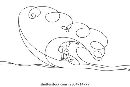 A surfer rides inside a giant wave. Sports pastime. International Surfing Day. One line drawing for different uses. Vector illustration.
