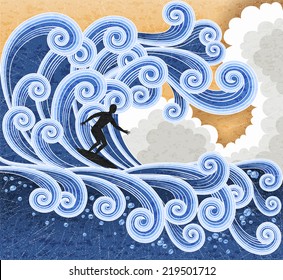 Surfer rides on a big stylized wave. Retro stile illustration. EPS 10 contains transparency