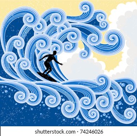 Surfer rides on a big stylized  wave.