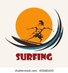 Surfer rides on a long board. Surfing club emblem. Isolated on white background. 