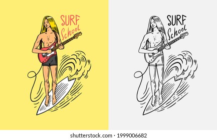 Surfer rides the waves on a board. Summer Surf sign. The guy plays the guitar. California card. Vintage Man on the surfboard, beach and sea. Engraved emblem hand drawn.