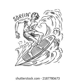 Surfer rides the waves on a board. Summer Surf sign. California card. Vintage Man on the surfboard, beach and sea. Engraved emblem hand drawn.