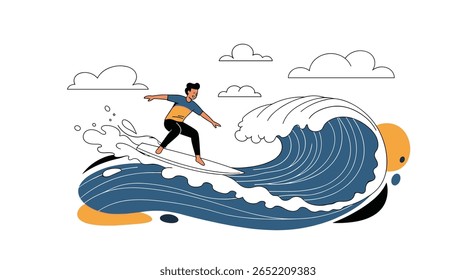 Surfer riding a big ocean wave with water splashing around on a sunny day with clouds overhead