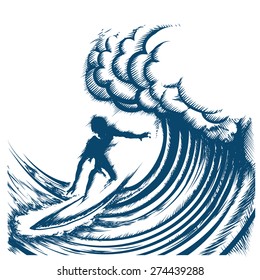 Surfer riding big wave drawn in retro engraving style. Isolated on white Background