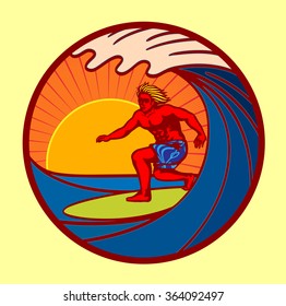 Surfer riding big wave in the sunset sun, surfing sea sport logo, sticker, sign vector illustration