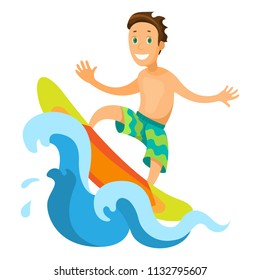 Surfer riding the big wave. Vector illustration of a smiling surfer in a flat style.
