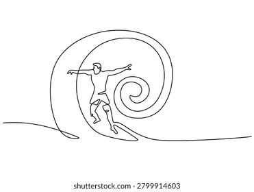 Surfer riding a circle ocean wave, continuous single line drawing. Concept of motion, energy, and freedom, vector illustration isolated on white background.