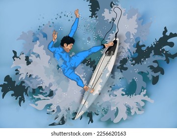 surfer, riding his surfboard
  above the sea waves crashing against an abstract blue background