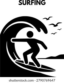Surfer riding a large ocean wave barrel with seagulls in the background vector icon