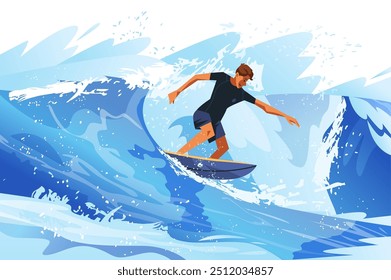 Surfer riding a large wave in the ocean dynamic action scene with vibrant blue water splashes and motion