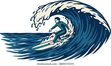 Surfer riding a large wave in an ocean, showcasing dynamic movement and energy