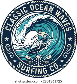 Surfer riding a massive wave in a vibrant ocean scene with palm trees and surfboards in view