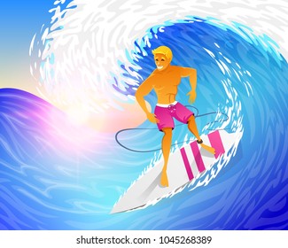 Surfer riding on blue ocean wave with surfboard. Muscular man on weekends. Happy young guy on the crest. Sea and Beach. Active healthy lifestyle, extreme sport concept. vector illustration.