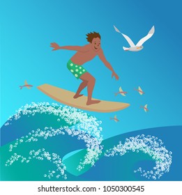 Surfer is riding on ocean wave accompanied by seagul and flying fish.Vector illustration