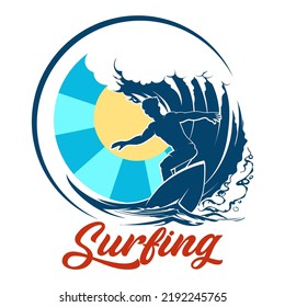 Surfer Riding on The Wave. Colorful Surfing Emblem. Vector illustration isolated on white background