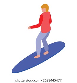 Surfista andando em uma prancha de surfe, balanceamento em uma onda, esporte de verão 3d ilustração isométrica