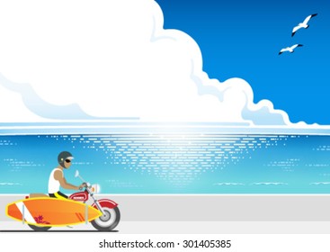 The surfer riding with a surfboard on his motorcycle