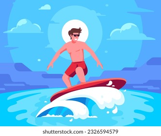 Surfer riding surfboard on water wave in sea. Cool boy surfing, standing on surf board on summer holidays. Active child and beach funs. Flat vector illustration 