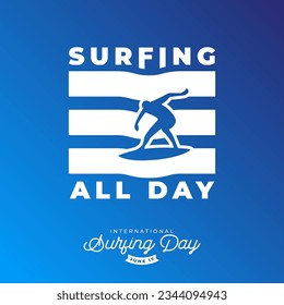 Surfer riding a surfboard in the waves on a blue background. for international surfing day.