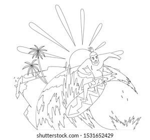 Surfer riding the wave coloring book page. Vector illustration in flat stile.