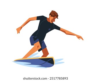 Surfista montando la onda de acción dinámica deportista deportes acuáticos oceánicos diseño de carácter colorido aislado fondo blanco