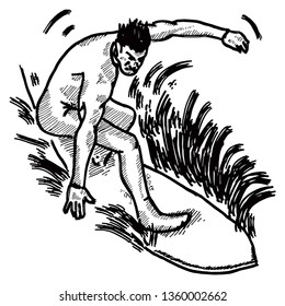 A surfer riding a wave. Hand drawn vector illustration. 