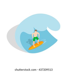 Surfer riding the wave icon, isometric 3d style