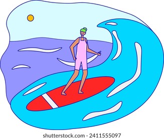 Surfer riding a wave on a red surfboard, ocean wave, sunny beach vibe. Summer sport and surfing adventure vector illustration.