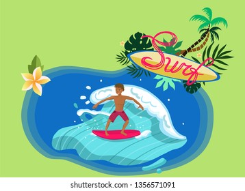 surfer riding wave with red board vector image