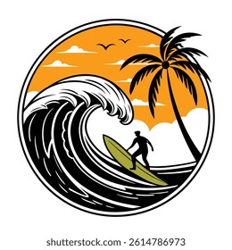 Surfer Riding Wave at Sunset with Palm Tree Illustration editable vector
